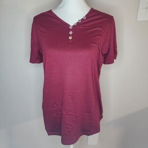 Women's Burgundy Button-Detail V-neck Shirt